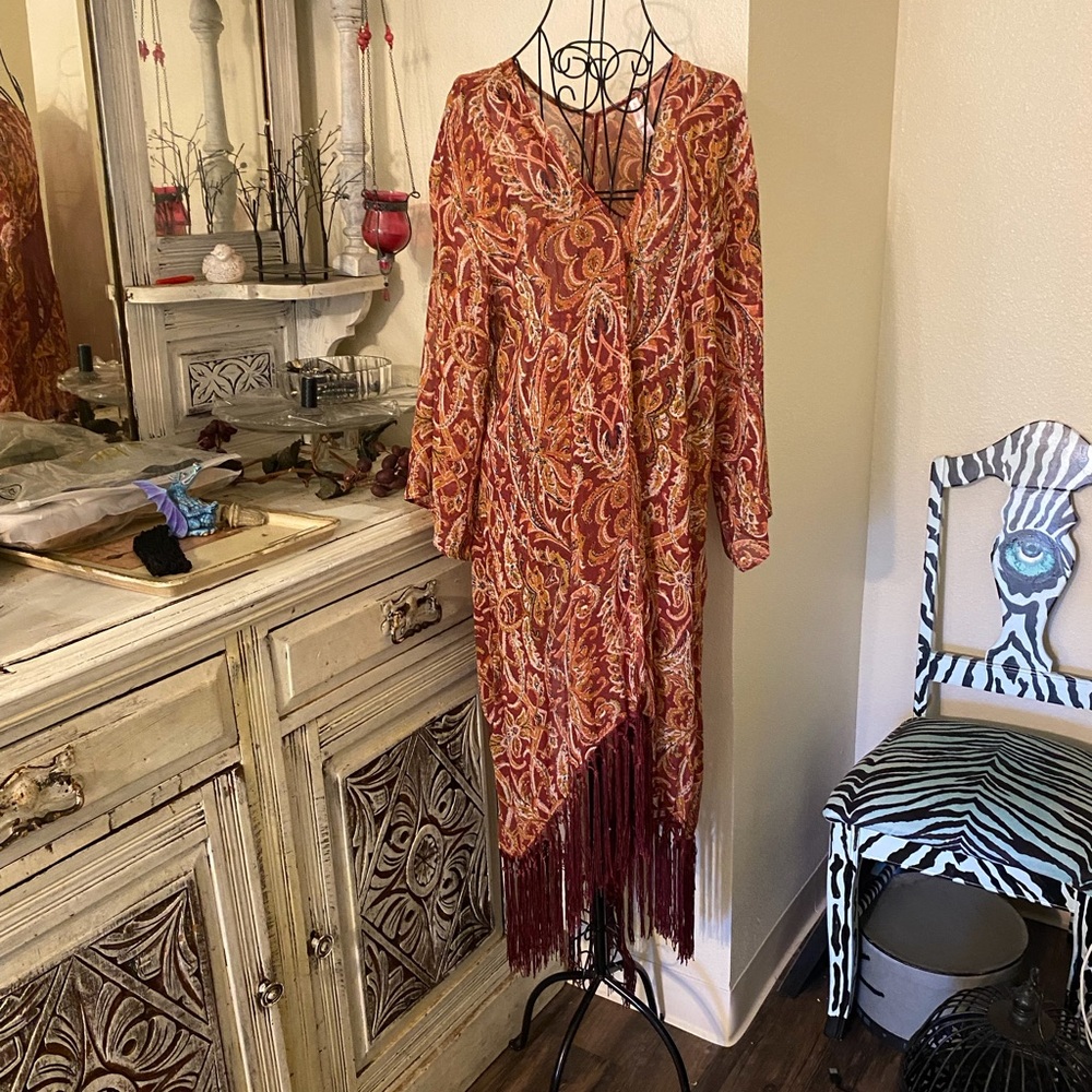 Bohemian Paisley Fringe Robe - Rust Red - Picture 1 of 9